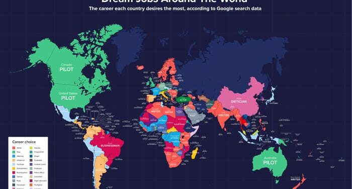 El mapa muestra el trabajo DREAM de cada país según los datos de búsqueda de Google —  y revela que la mayoría de la gente desearía ser piloto
